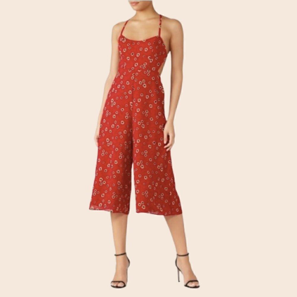 Fame & Partners Red Floral Bohemian Cropped Jumpsuit Size 2